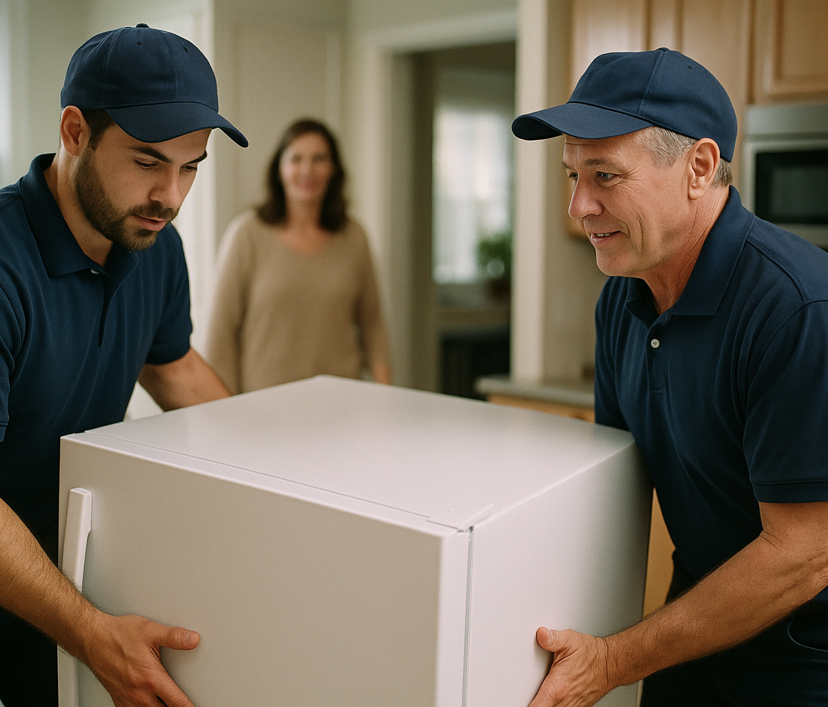 Friendly two-person crew delivering a large appliance into a customer's kitchen, showcasing careful handling and…