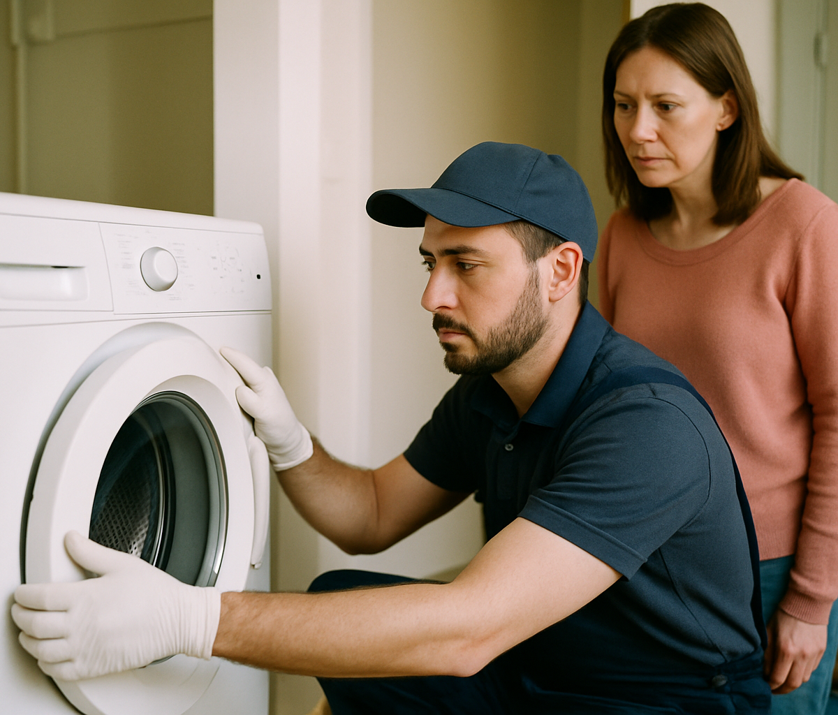 Self-employed crew installing a washing machine with a customer observing, highlighting the white-glove service