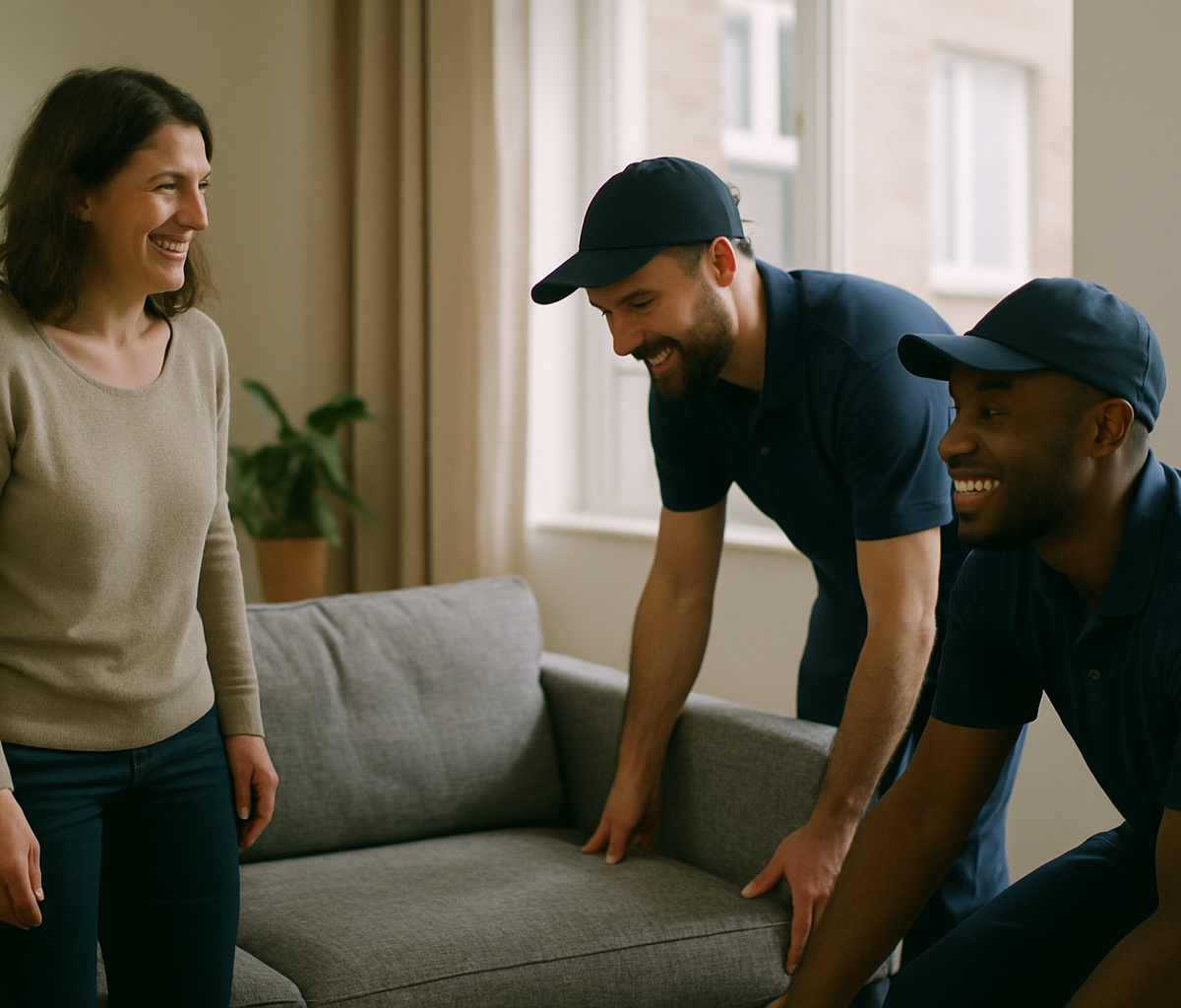 Delivery team interacting positively with a customer as they complete a furniture installation in a living room setting