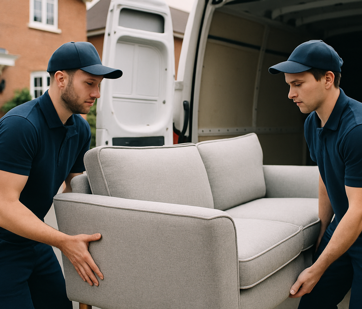Professional two-person crew carefully unloading a sofa from a delivery van at a customer's home