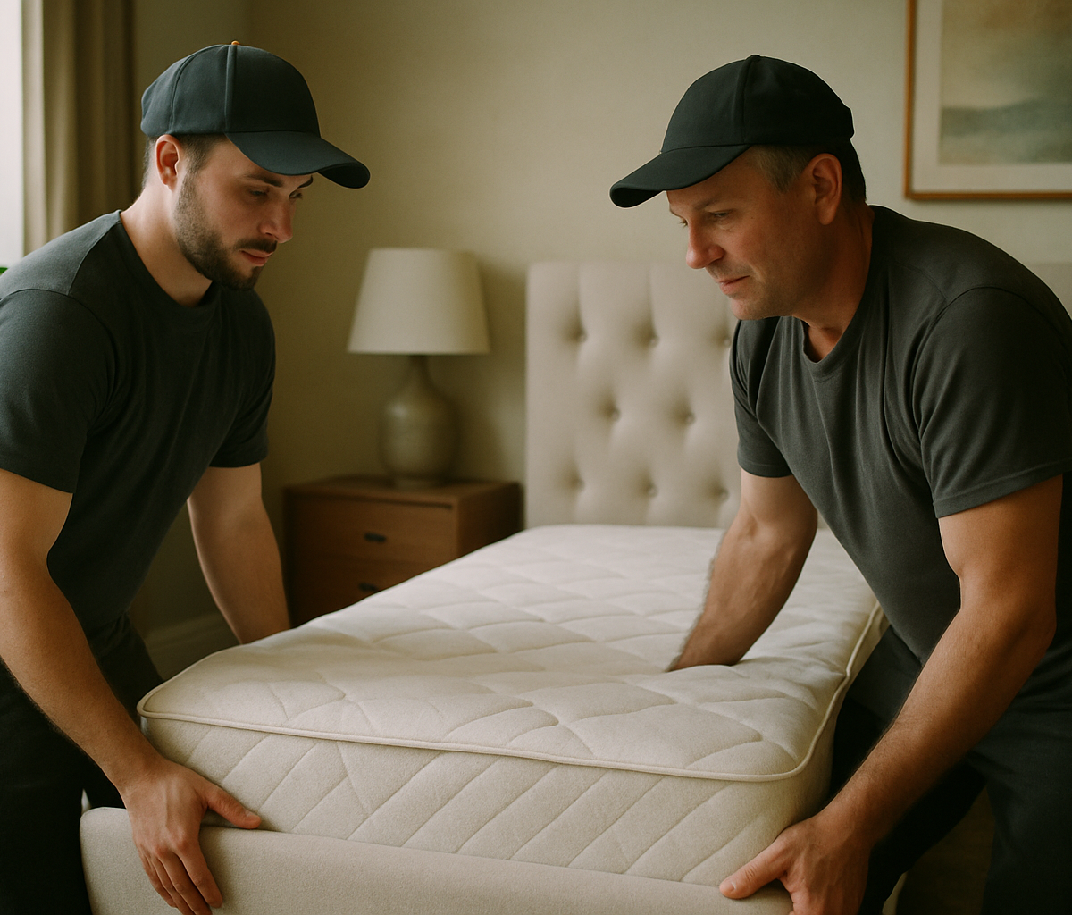 Self-employed delivery teams installing a bed in a stylish bedroom setting