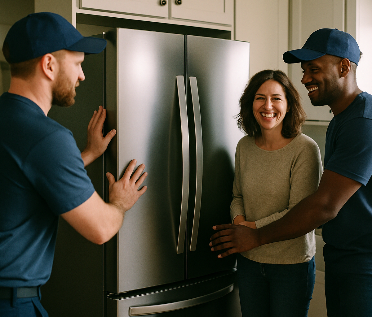 Delivery crew interacting with a satisfied customer while setting up a large appliance in the kitchen
