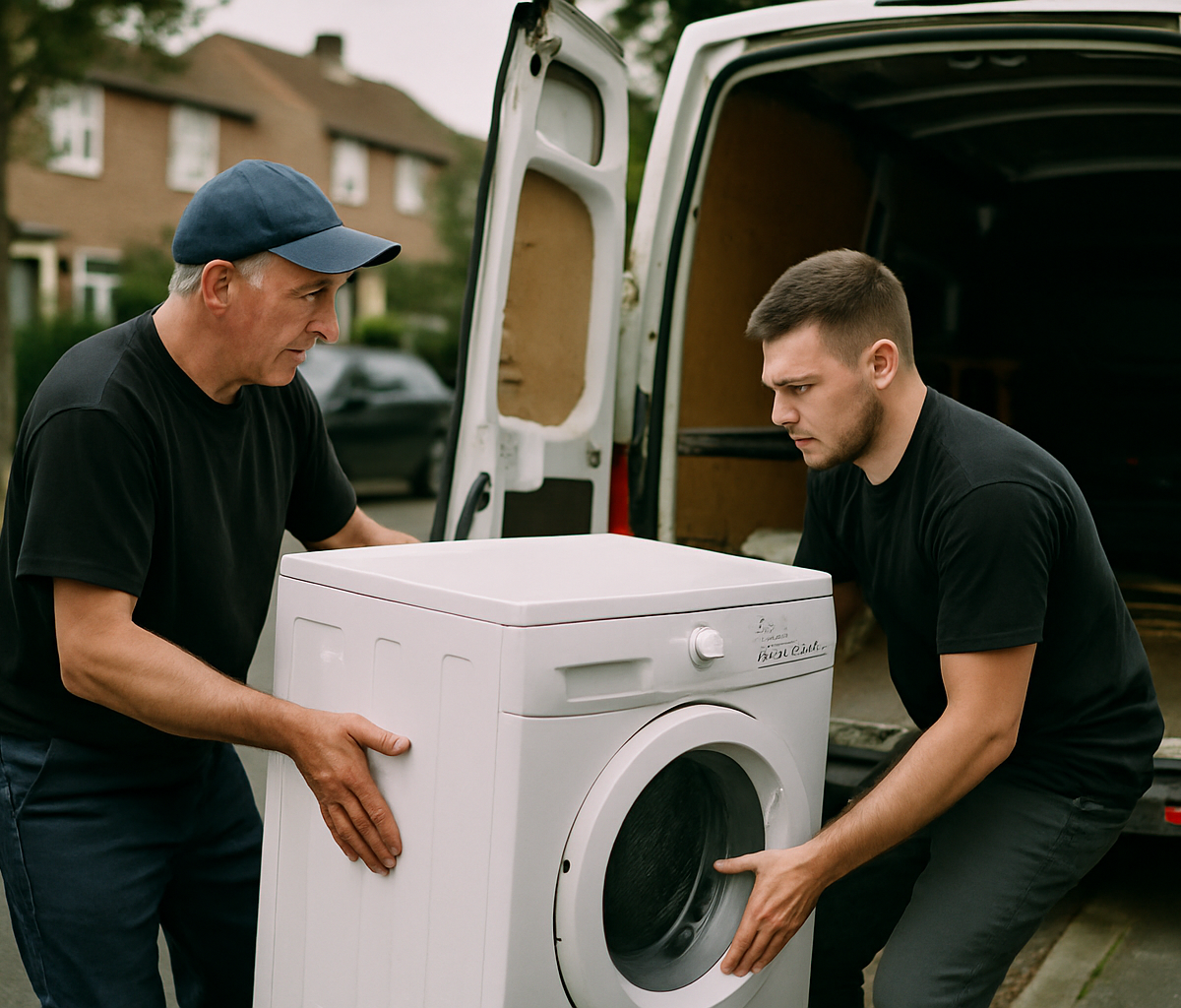 Two-person crew carefully unloading a large appliance from a van in a suburban street