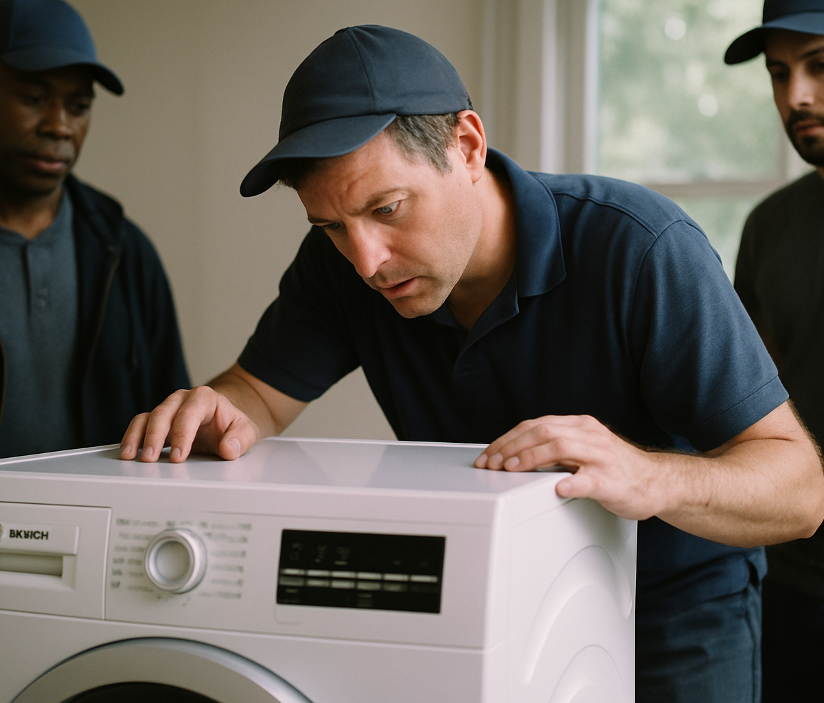 Crew inspecting a Bosch washing machine before delivery to a customer's home