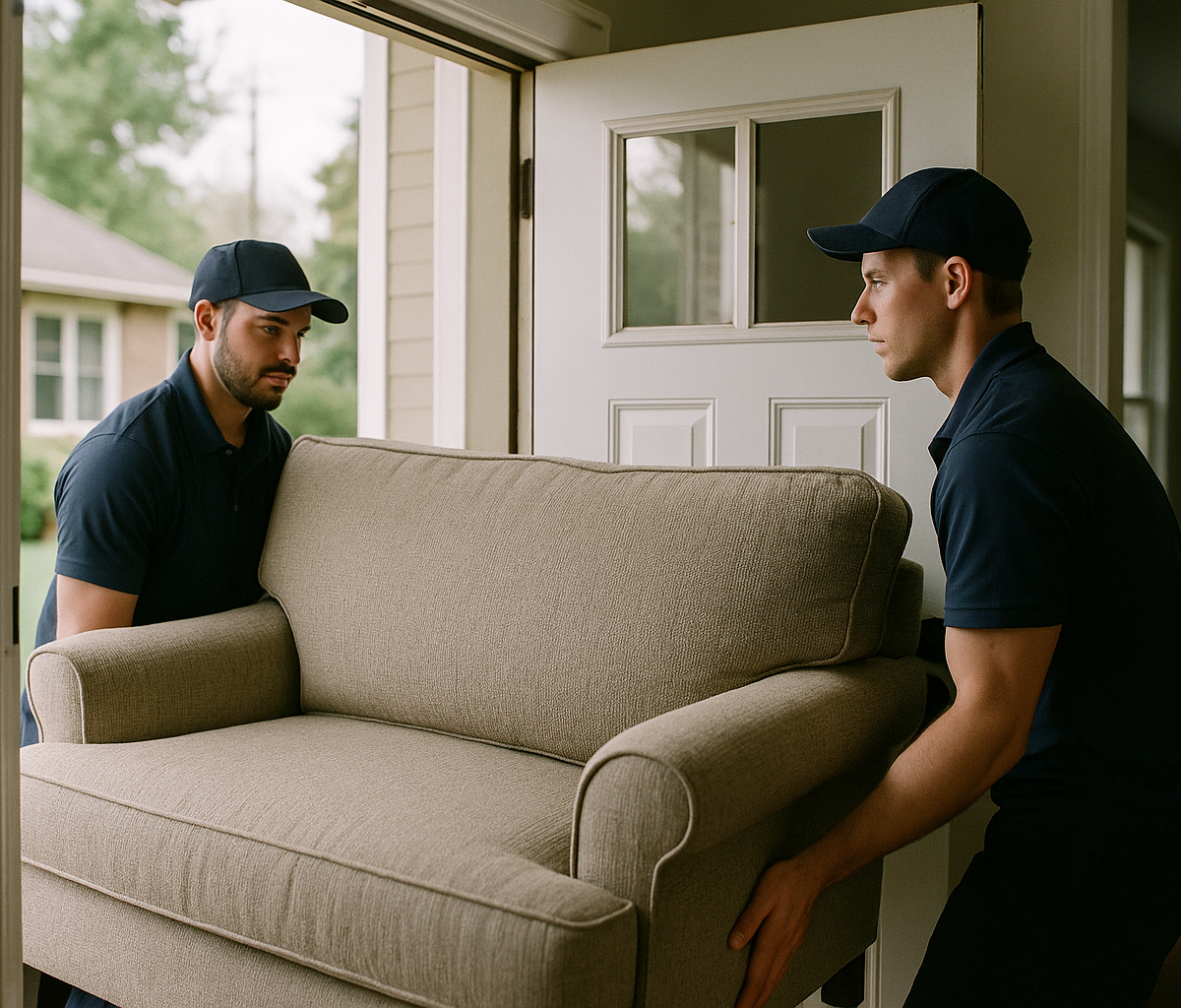 Two delivery personnel carrying a large sofa through a front door, ensuring it fits without damage