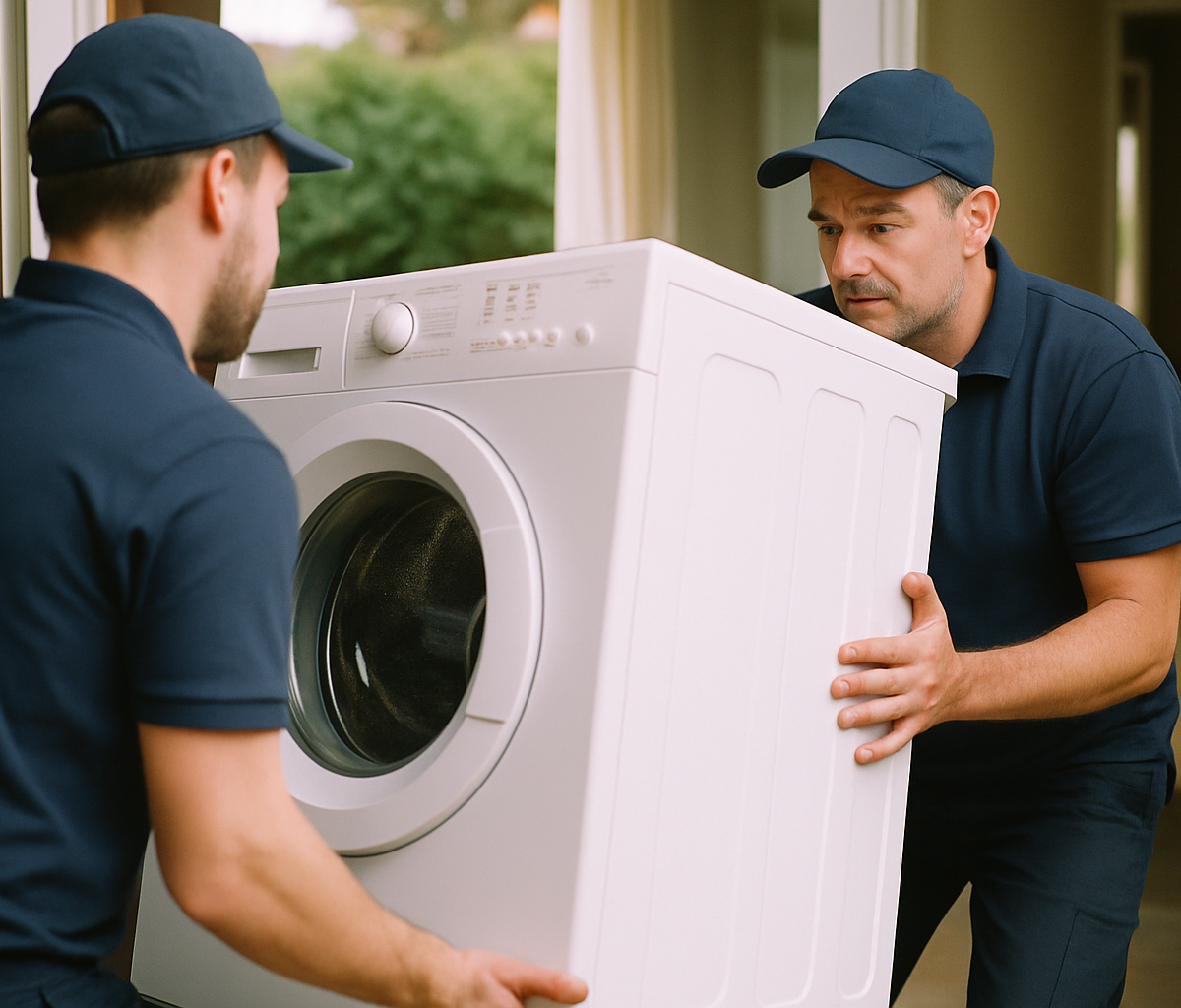 Professional two-person crew delivering a large washing machine into a customer's home