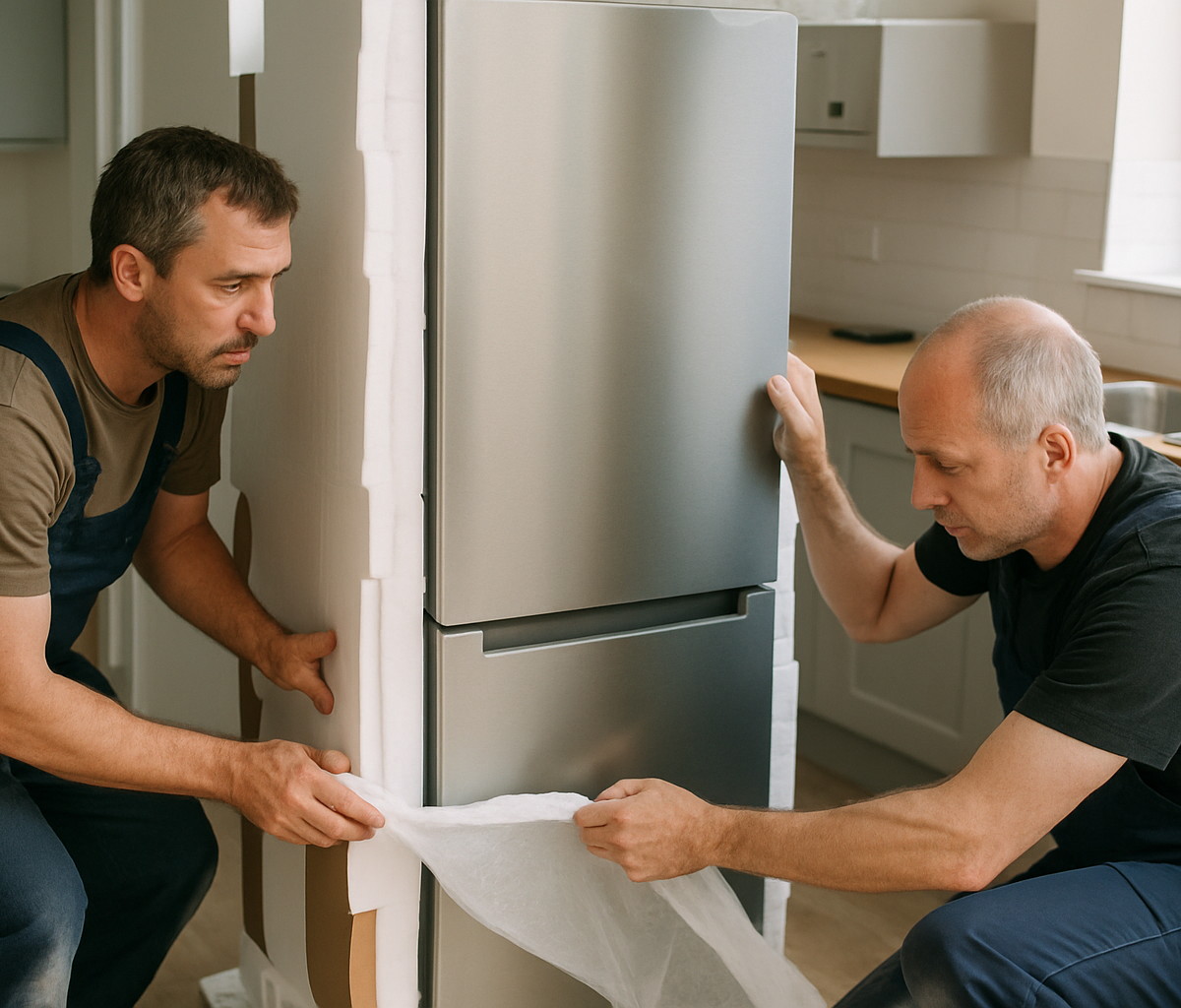 Two self-employed installers unpacking and setting up a large refrigerator in a kitchen