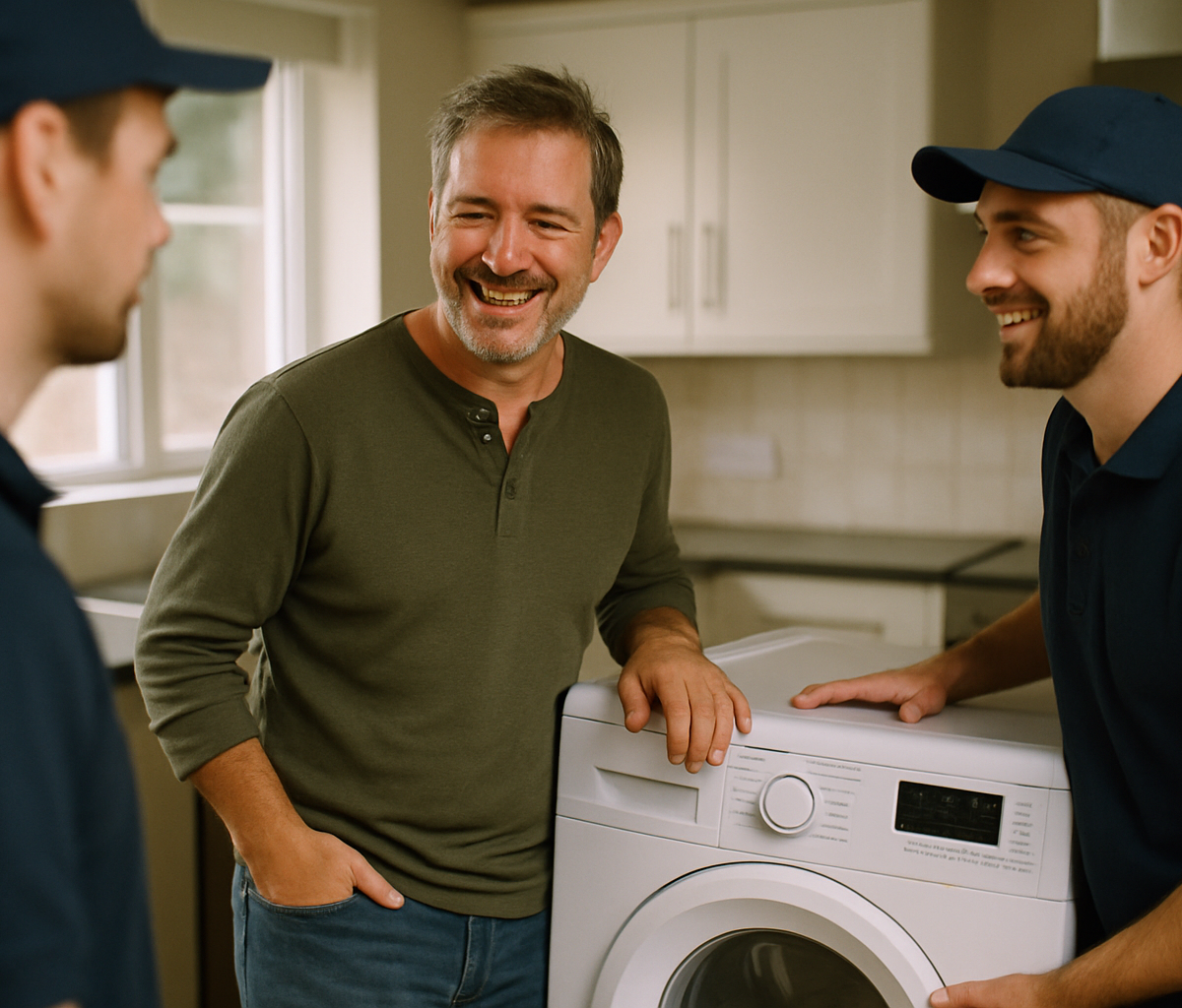 Delivery crew interacting with a satisfied customer during an appliance installation