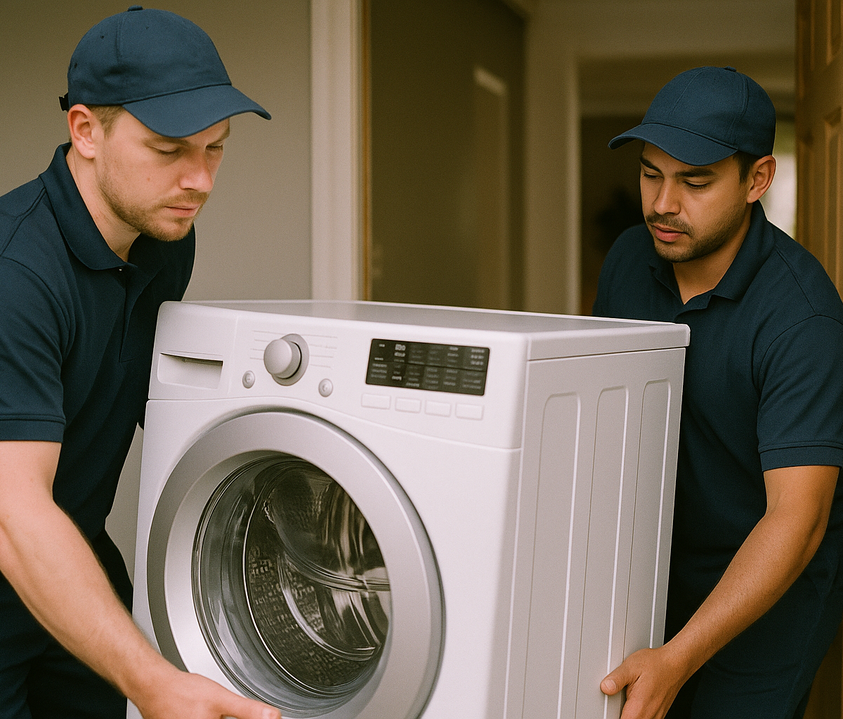 Two-person crew delivering a large washing machine into a customer's home