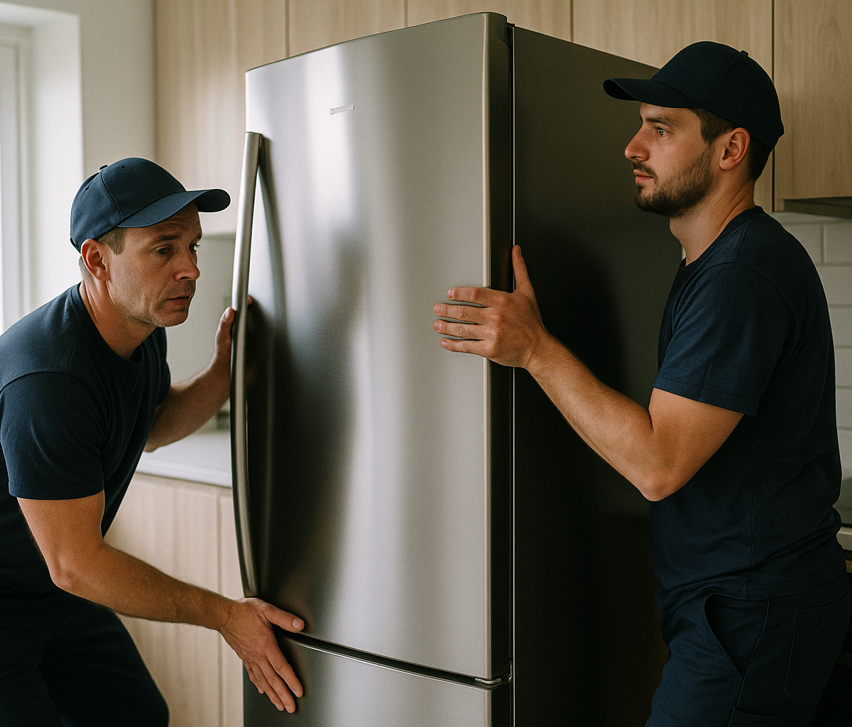 Self-employed delivery team installing a fridge in a modern kitchen
