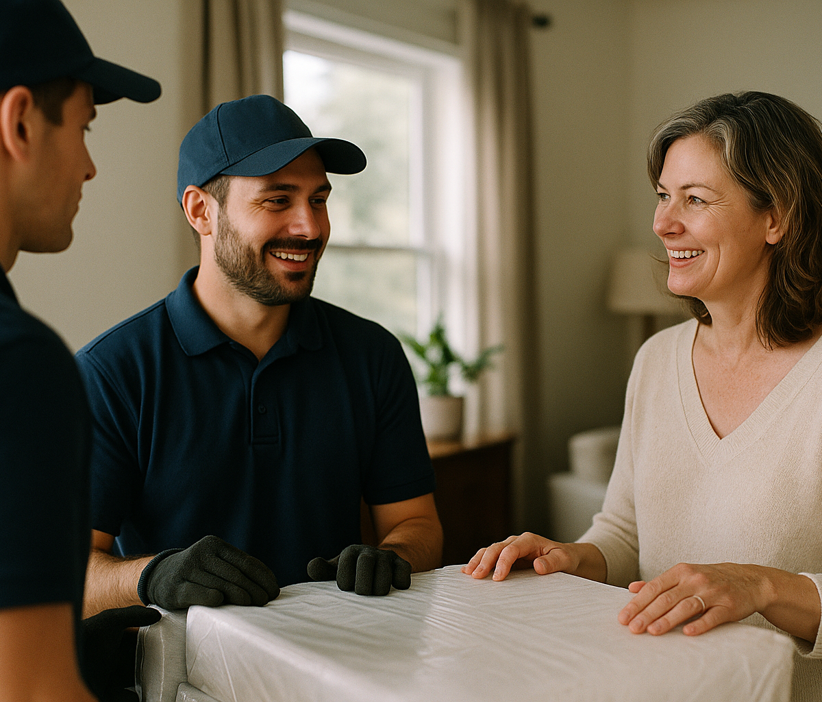 Delivery crew interacting with a satisfied customer during a white-glove service
