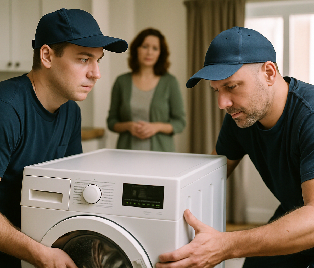 Self-employed delivery team installing a washing machine, ensuring proper setup and customer satisfaction