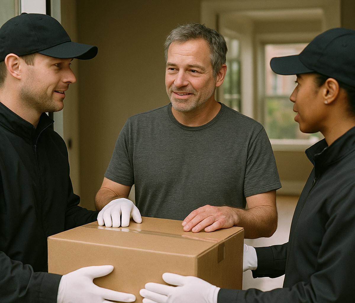Crew members interacting with a customer during a delivery, demonstrating white-glove service