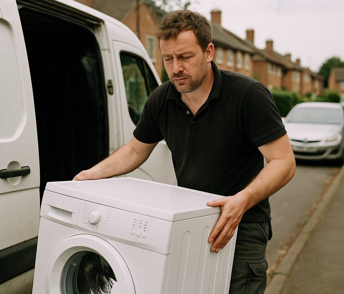 Self-employed driver delivering a washing machine in a residential area