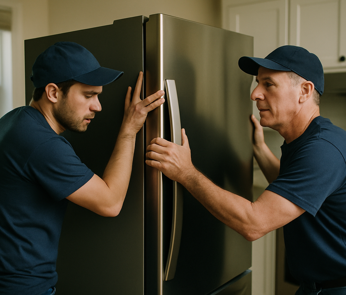 Delivery crew working together to install a fridge in a kitchen