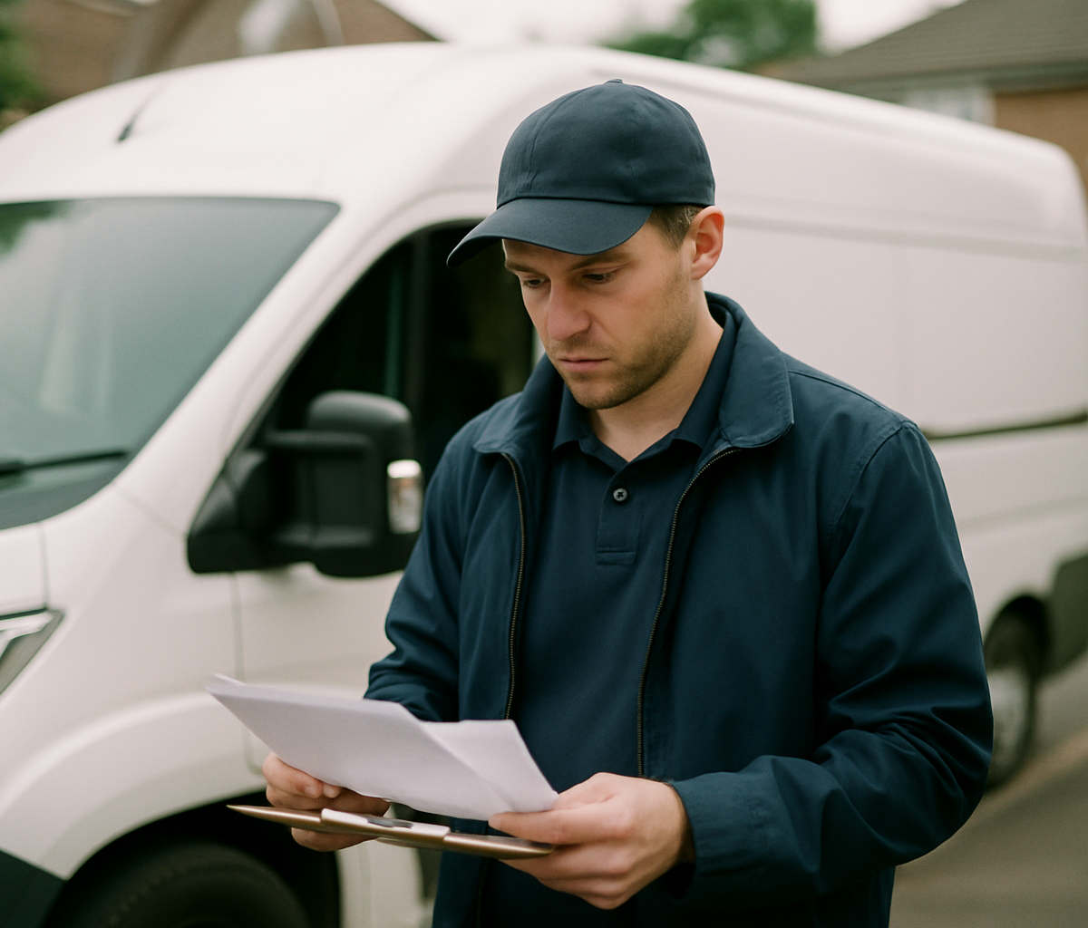 Courier reviewing delivery paperwork at a van parked outside a home